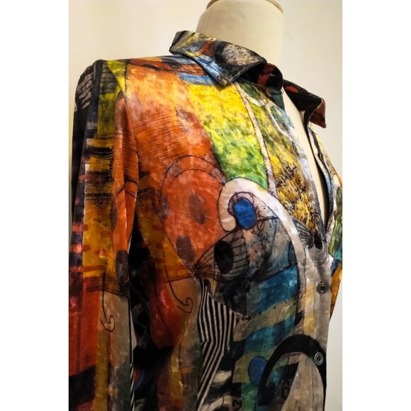 RARE!! Vintage Dolcezza Simply Art Artsy Velvet Painting Print Button Up Shirt - Picture 9 of 16